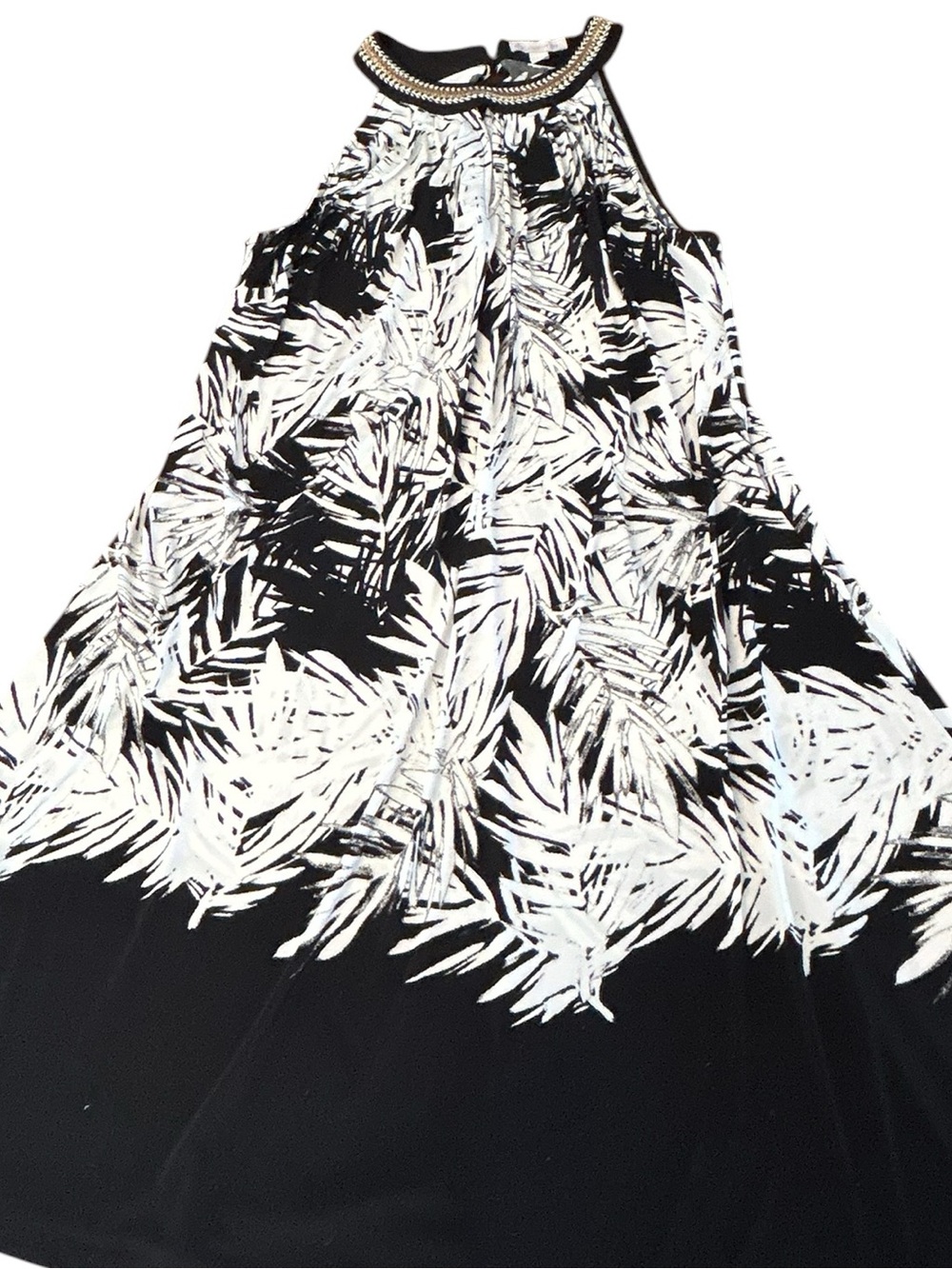 CB Black & White Palm Print Halter Dress with Embellished Neck SZ XL EUC